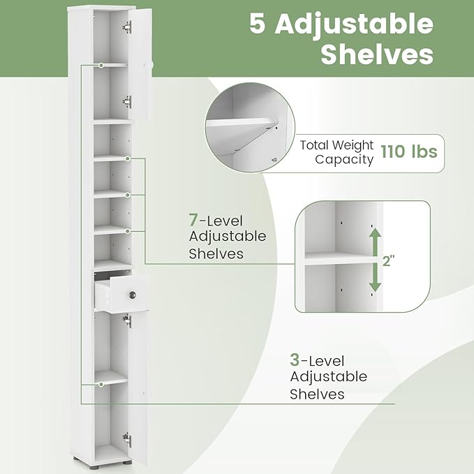 Tangkula Tall Slim Bathroom Storage Cabinet, 71" Freestanding Bathroom Cabinet w/ 2 Doors, 1 Drawer & 5 Adjustable Shelves, Floor Narrow Tower Cabinet for Small Spaces, 8" x 8" x 71" (White)