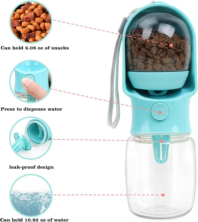 11oz Portable Dog Water Bottle with 6oz Food Container - Leakproof Travel Dispenser for Cats, Dogs & Service Animals, Dog Walking Accessories-Green