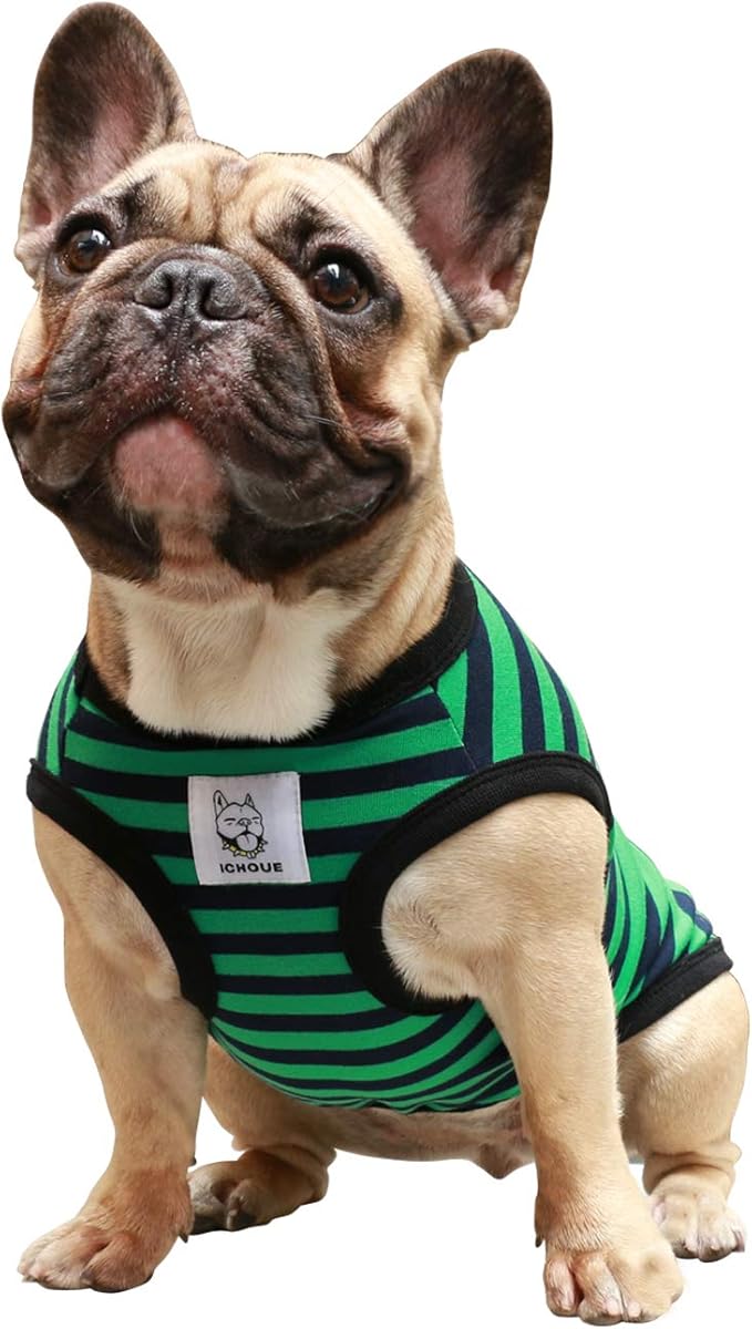iChoue Pug 100% Breathable Cotton Striped T Shirts Halloween Vest Clothes for Medium Dogs Tank Tops Puppy French Bulldog Frenchie English Boston Terrier Pitbull Green Black Stripes - Small