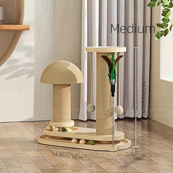 Mushroom Cat Scratcher, Cat Scratching Post for Indoor Cats Adults, Sisal Tall Cats Scratch Post with Hanging Ball and Interactive Wooden Ball