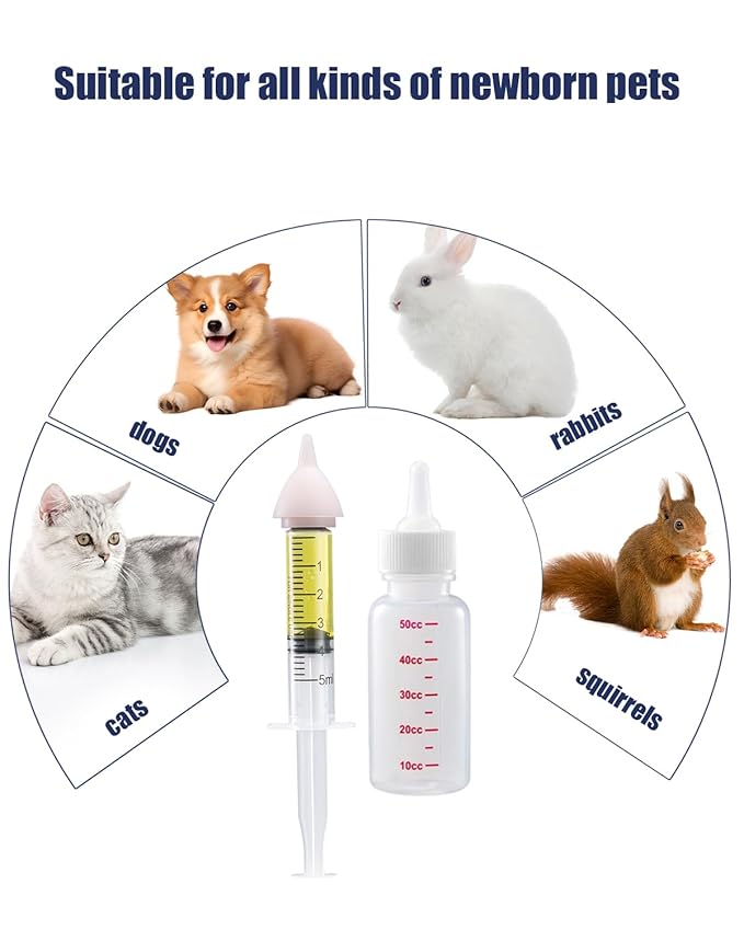 Pet Feeding Kit, Kitten Bottle Feeding Kit, Newborn Kitten Supplies, for Feeding Newborn Puppies, Kitten, Squirrel, Rabbit, Hamster, with 4 * Silicone Nipples,1 * Milk Bottles