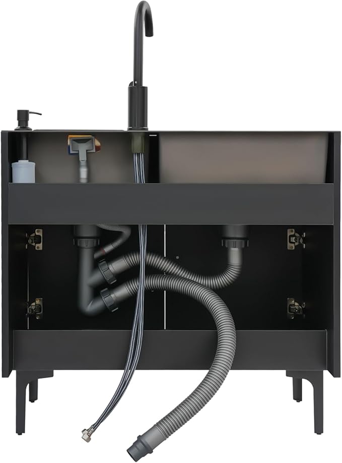 32-Inch Utility Sink Cabinet with 360° Swivel Hot/Cold Faucet, Laundry Sink with Cabinets and Stainless Steel Double Sinks, Freestanding Cabinet with Sink for Laundry&Utility Room, Kitchen, Bathroom