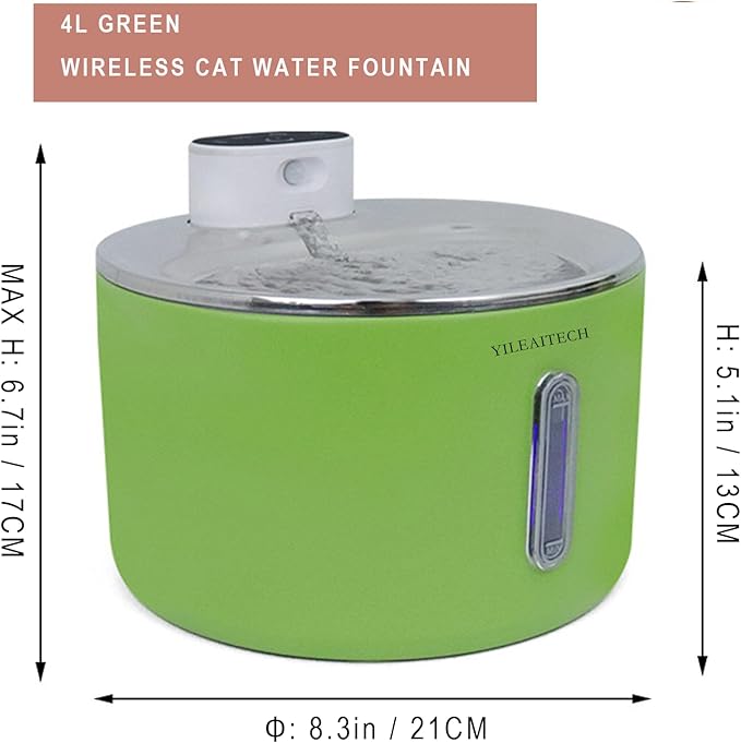 Wireless Cat Water Fountain Stainless Steel, 135oz/4L Cat Fountain, Battery Operated, Cordless Pet Water Fountain for Cats & Dogs with Motion Sensor, Ultra Quiet Pump, 12 Filters (Green, 4L)