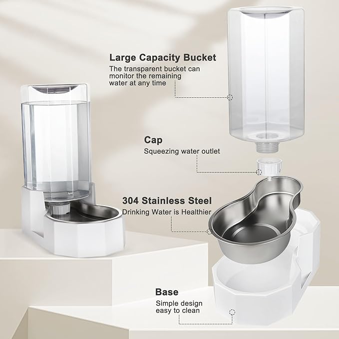Sfozstra Automatic Pet Water Dispenser: 8L White Gravity Stainless Steel Water Bowl - with Specialized Brush - Angular Water Feeder for Senior Pet Dogs with Neck Pain Relief in Living Room Bedroom