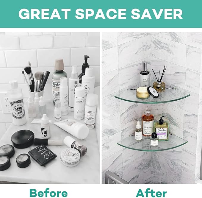 2 Tier Glass Corner Shelf Clear Shower Shelf Adhesive Shower Caddy Corner Organizer Thick Tempered Glass Bathroom Shelf Shampoo Holder for Shower Toilet Shelf Organizer 9.4" R