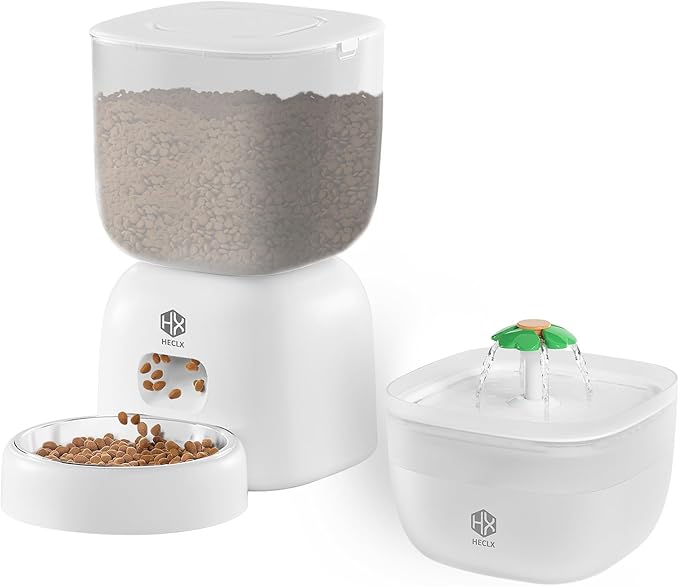 Automatic Cat Feeder with 3L Dry Cat Food Dispenser and 2L Water Fountain, Timed Dog Feeder with Portion Control and Daily Meals, Wire/Battery Automatic Feeders in White