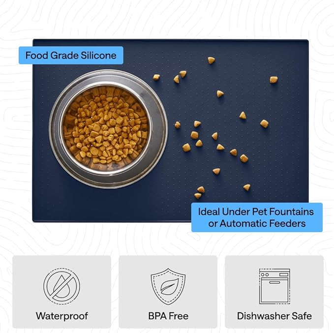 GORILLA GRIP 100% Waterproof Raised Edge BPA Free Silicone Pet Feeding Mat, Dog Cat Food Mats Contain Spills Protects Floors, Placemats for Cats and Dogs Water Bowl, Pets Accessories 28x18 Navy