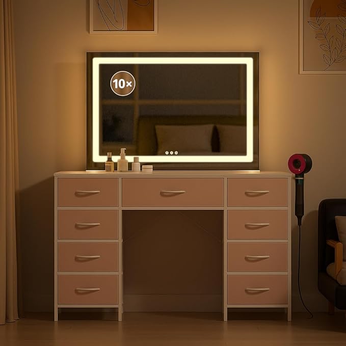 COMHOMA Vanity Desk with Large Mirror,LED and Power Outlet,Makeup Table with 9 Storage Drawersand HD Mirrors,3 Color Modes Adjustable Lighting for Bedroom Dressing Room (Pink, 35inch)