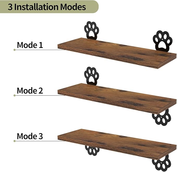 Lavezee Paw Prints Wall Decor Floating Shelves Set of 3, Cute Rustic Wooden Shelf Decorative Living Room, Bedroom, Bathroom, Log Cabin Shelving Wall Mounted
