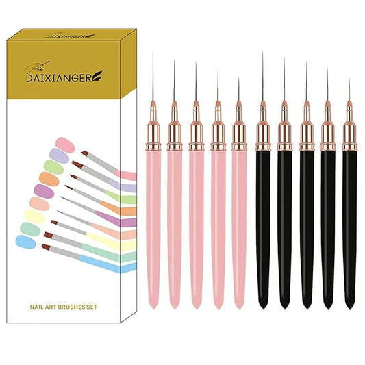 10Pcs Pink & Black Ultra-Fine Nail Liner Brush Set - Professional Nail Art Detail Brush for French Tip, Intricate Patterns, Fine Line Painting & Gel Polish Manicure, Salon & DIY Manicure Tool Kit