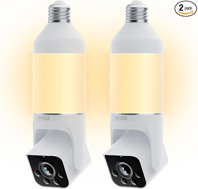 WYZE Bulb Cam Security Camera, 2K HD Outdoor Light Bulb Camera, Color Night Vision, Dimmable LED Bulb, Motion Detection, Siren Alarm, Works w/Alexa/Google Assistant (2 Pack)
