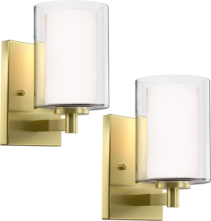 Kalium Bathroom Wall Sconces Set of Two Gold Double Clear Glass Shade Modern Vanity Lights Indoor Farmhouse Wall Light for Bedroom Living Room Hallway Bulb E26 Base (Bulbs Not Included)