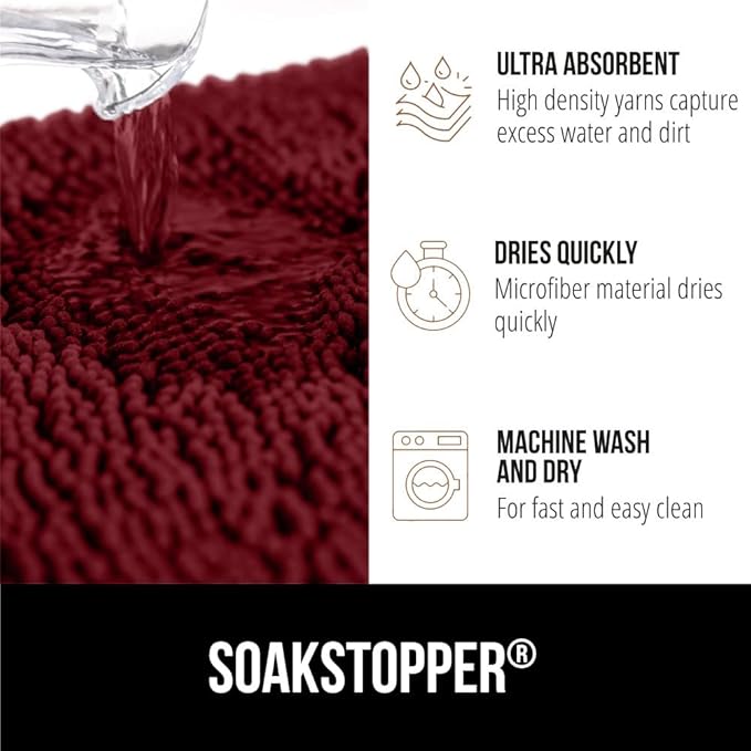 GORILLA GRIP SoakSTOPPER Dog Door Mat, Machine Washable Rug Absorbent Doormat Captures Moisture Mud Dirt, Quick Dry Soft Chenille Entryway Rugs Indoor Entrance Mats for Dog Paws, 24x17 Burgundy