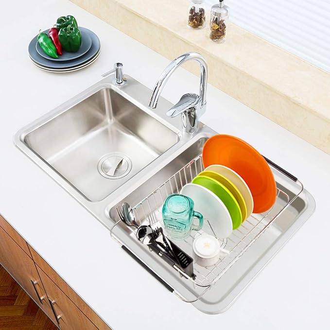 SANNO Expandable Pull Out Cabinet Organizer Kitchen Sliding Shelf Under Sink Shelf, Expandable Drawer Shelves with Sliding Expandable Dish Drying Rack Over The Sink Dish Drainer Dish Rack