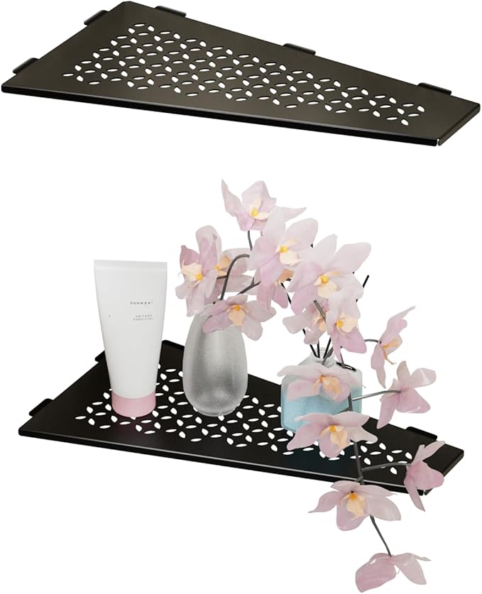 12" Corner Shower Caddy Shelves, 2 Pack Bathroom Shower Shelf for Tiled Wall, Stainless Steel Shower Shelf Organzier for Inside Showe Kitchen Storage Without Hooks & Adhesive (Star Patterns, Black)