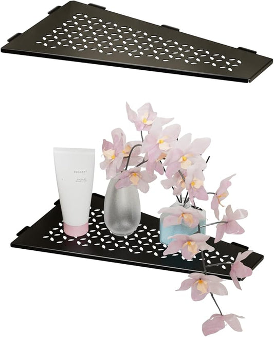 12" Corner Shower Caddy Shelves, 2 Pack Bathroom Shower Shelf for Tiled Wall, Stainless Steel Shower Shelf Organzier for Inside Showe Kitchen Storage Without Hooks & Adhesive (Star Patterns, Black)