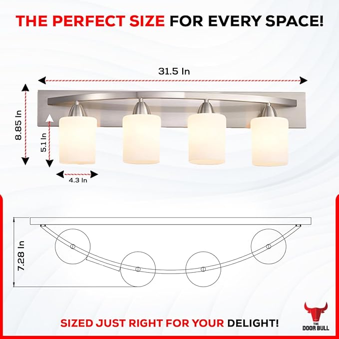 The Door Bull Modern 4-Light Bathroom Vanity Light – Brushed Nickel Fixture with Frosted Glass Shades, E26 Socket – Wall Sconce for Mirror, Bathroom, Kitchen, Hallway, Entryway