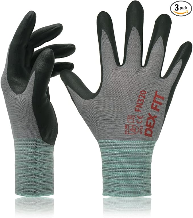 DEX FIT Premium Nylon Nitrile Work Gloves FN320, 3 Pairs, 3D-Comfort Stretchy Fit, Firm Grip, Thin & Lightweight, Durable, Breathable & Cool, Machine Washable; Grey 11 (XXL)