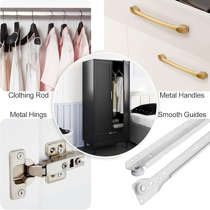 Bedroom Armoire Wardrobe Closet with Hanging Rod,60" 2 Door Almirah for Clothes with Drawers,Morden Storage Cabinet,Black