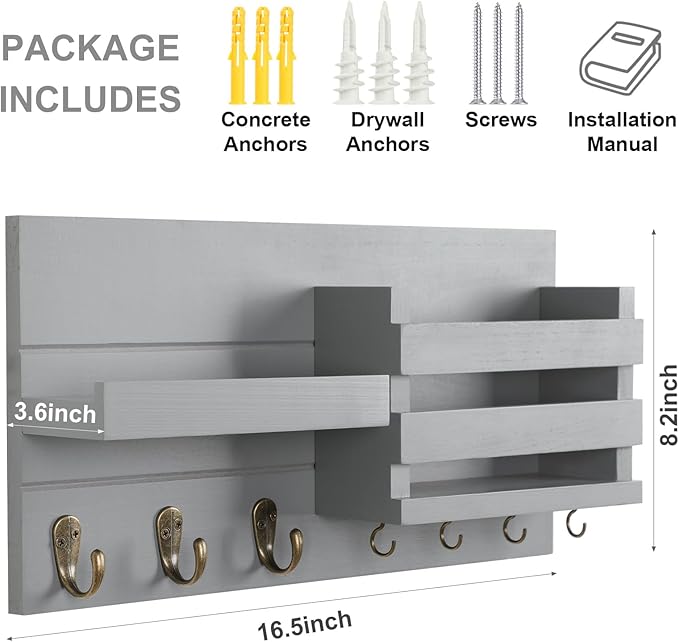 Mail Organizer for Wall Mount – Key Holder with Shelf Includes Letter Holder and Hooks for Coats, Dog Leashes – Rustic Wood with Flush Mounting Hardware (16.5” x 8.7” x 3.5”) (Gray)