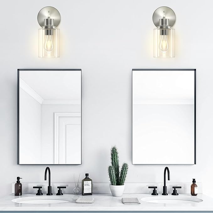 GORDNWE 1-Light Bathroom Wall Sconce, Brushed Nickel Vanity Light, Modern Wall Light Fixture with Clear Glass Shade and E26 Bulb Base, Wall Lamp Wall Mount Light Fixtures for Mirror, Bedroom, Hallway