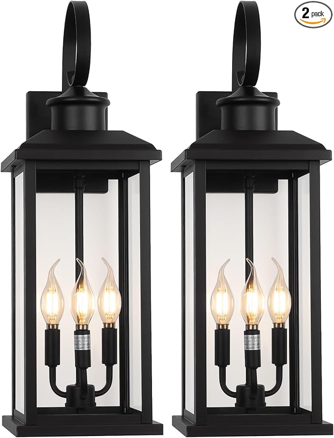 24" Extra Large Outdoor Wall Light Fixture 2-Pack, Black 3-Light Modern Porch Lantern, Waterproof Exterior Lighting Sconce Wall Mount, Outside Lamp for House Garage Patio E12 Base