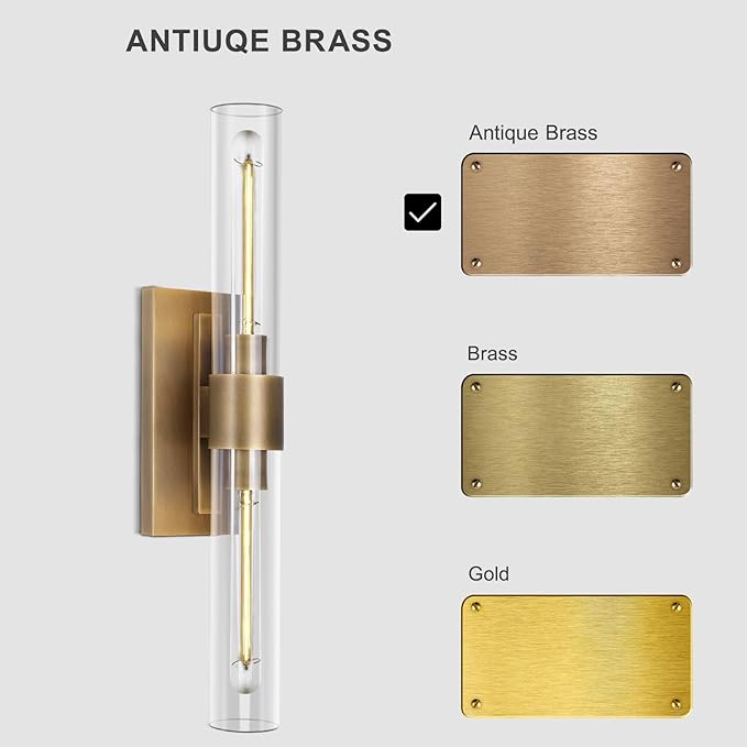 Brass Wall Sconces, 22.8" Bathroom Wall Sconce, Antique Brass Wall Sconces Set of 2, 2-Light Dimmable Wall Sconce, Sconces Wall Lighting With Glass, Bathroom Vanity Light, Tube Sconce for Living Room