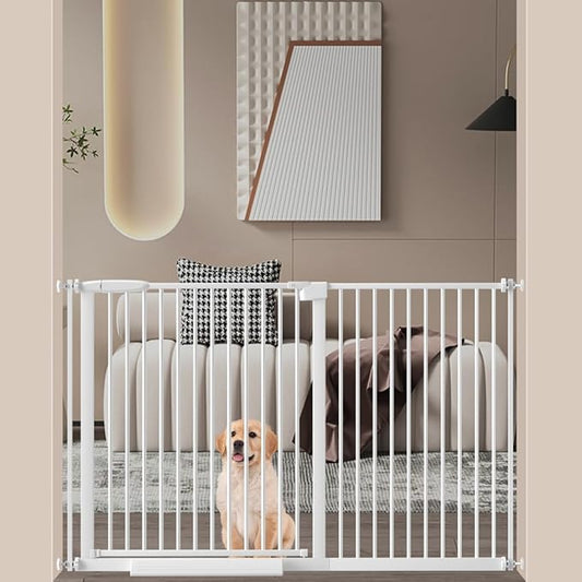 WAOWAO 1.37" Ultra Narrow Spacing Extra Wide Dog Pet Gate 49.80-53.74" Pressure Mounted Walk Through Double Lock Swing Auto Close Safety White Metal Toddler Baby Puppy Pet for Indoor,Doorway,Kitchen