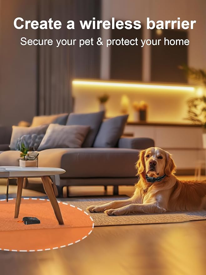 FLYSPEAR Wireless Pet Barrier - Rechargeable Indoor Barrier with 6 Adjustable Range Radius up to 7 ft, 6 Adjustable Safe Static Intensity, Electric Fence System with Hook (Transmitter Only)