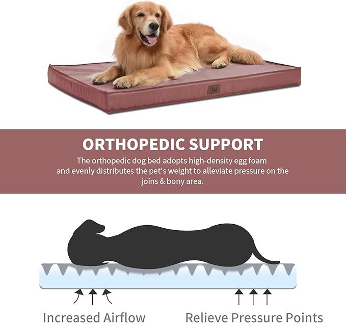 Outdoor Extra Large Dog Crate Bed, XXL Waterproof Dog Bed for Giant Breeds Dogs, 47x29 Inch Orthopedic Egg Crate Foam Pet Mat with Removable Cooling Cover, Pink