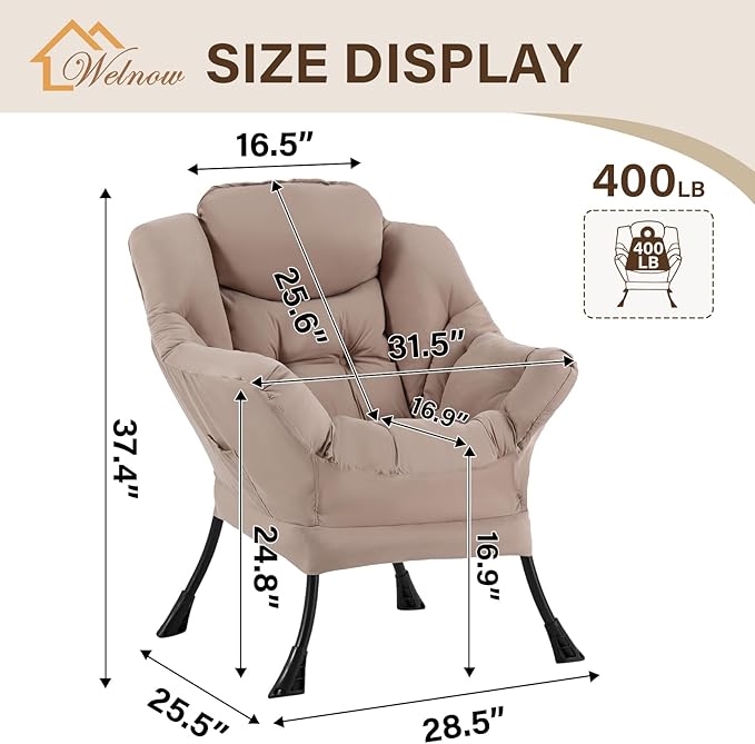 Welnow Lazy Chair for Living Room, Modern Reading Lounge Accent Chair with Armrests and a Side Pocket, Leisure Upholstered Lazy Sofa for Small Space, Bedroom, Dorm, Khaki