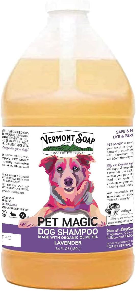 VERMONT SOAP Organics Pet Shampoo - Infused with Organic & Natural Olive Oil, Coconut & Aloe Vera Dog Shampoo for Sensitive Skin - USDA Certified Grooming, Lavender (64oz)