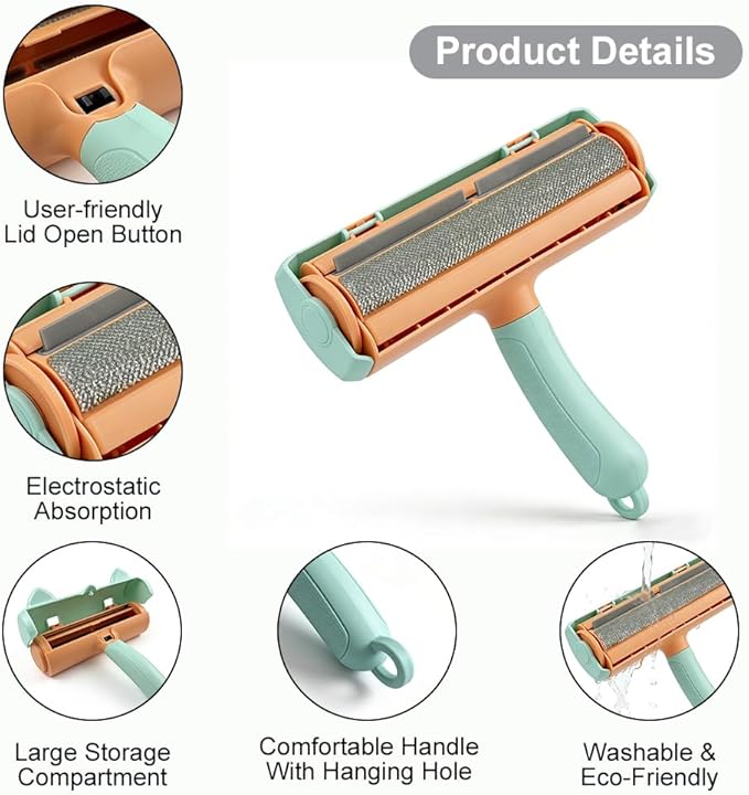 Tomby Reusable Pet Hair Remover Roller for Dog & Cat Hair, Lint Roller for Furniture, Couch, Carpet, Car, Rugs & Bedding, No Sticky Sheets, Easy Cleaning, Portable