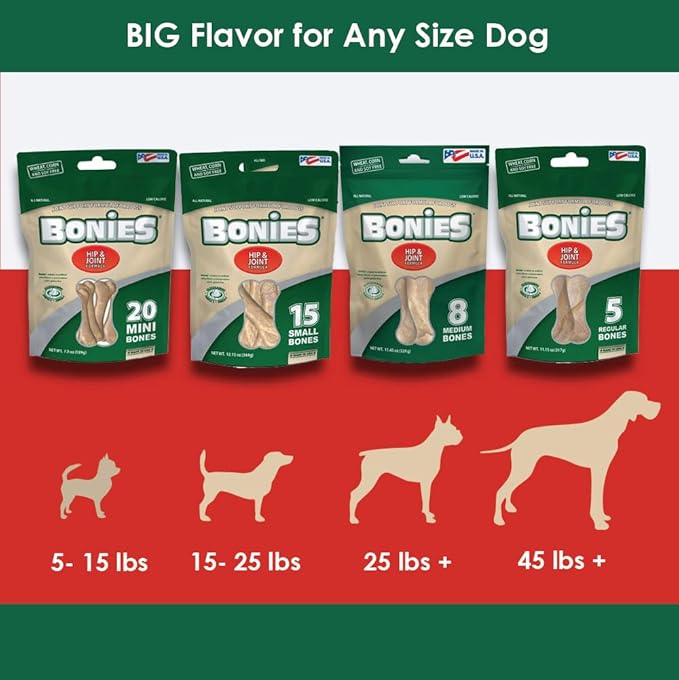 Bonies Natural Hip & Joint Formula Small-Sized Single Bone, Glucosamine & Omega Fatty Acids, Fresh Breath, Clean Teeth, Low Calories, Chicken Flavor, Small Dogs, 20 Bones