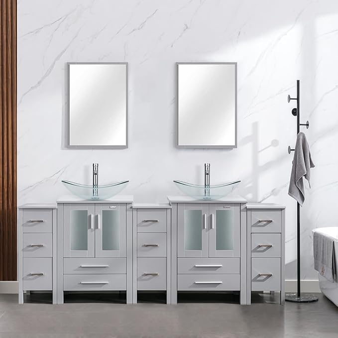 eclife 84" Modern Bathroom Vanity Sink Combo Freestanding Cabinet with Small Side Cabinet, Clear Boat Glass Vessel Sink, Water Save Faucet, Drain (Gray+A29TT)