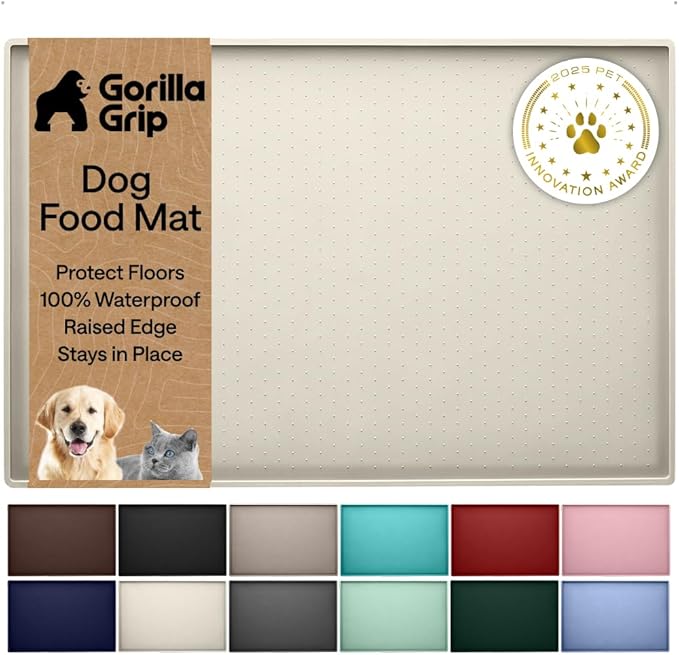 GORILLA GRIP 100% Waterproof Raised Edge BPA Free Silicone Pet Feeding Mat, Dog Cat Food Mats Contain Spills Protects Floors, Placemats for Cats and Dogs Water Bowl, Pets Accessories 32x24 Cream