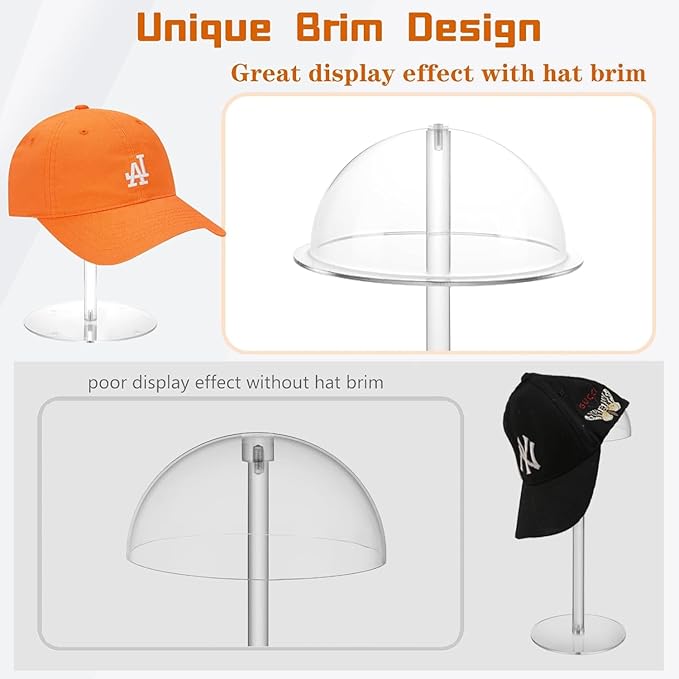 Hat Display Stands, 8'' Durable Acrylic Cowboy Hat Holder Stand, Clear Domed Baseball Cap Rack Stand with Brim, Cap Racks Wig Holder Hat Organizer Stand for Closet Vendors Salons