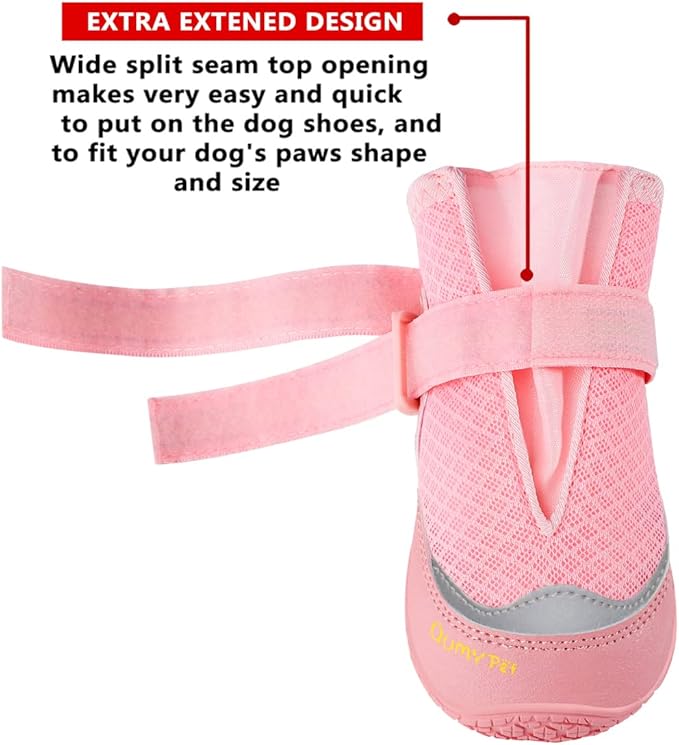 QUMY 4PCS Dog Boots for Large Dogs, Medium Dog Shoes & Paw Protectors for Hot Pavement, Summer Heat Protection, Mesh Breathable Nonslip Dog Booties for Hardfloors, Walking Running Hiking Pink Size 4