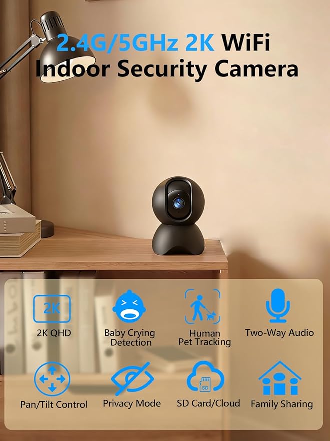 2K Indoor Cameras for Home Security, 2.4GHz & 5GHz WiFi, 360° Pan-Tilt, Night Vision, Human Auto Tracking, Local/Optional Cloud Storage, Pet/Dog/Baby Camera with Phone app, Black