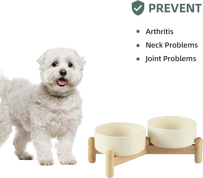 Ceramic 5.1inch Raised Double Bowls Set with Wooden Stand, Elevated Food & Water Bowls for Small Breed Dogs, Cats, Kitty, Weighted Dog Dishes, Pet Bowls(13.5oz, Light Yellow)