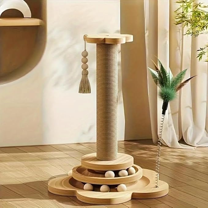 Cat Scratching Post 16'' Tall Cat Scratching Posts for Indoor Cats Adults with Hanging Ball and Interactive Wooden Ball Sisal Rope Cats Scratch Post