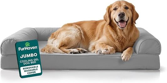 FurHaven Cooling Gel Dog Bed for Large Dogs, L-Shaped Chaise with Cool Gel-Top Foam with a Solid Orthopedic Foam Base for Joint Support, Removable Washable Cover, Jumbo/XL, Plush & Suede, Stone Gray