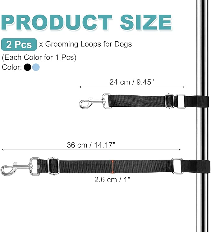 Dog Grooming Loop, Dog Grooming Harness Table Arm Accessories Adjustable Secure and Stable Extender Bathing Restraint Leashes (Black/Sky Blue, 2 Pcs), for Pet Bathing