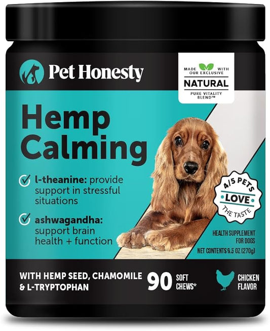 Natural Hemp Calming Chews for Dogs - Calming Aid Supplement for Occasional Anxiousness with Valerian Root, Chamomile, + Magnesium - Stress, Separation & Thunder Support - (Chicken, 90 Count)