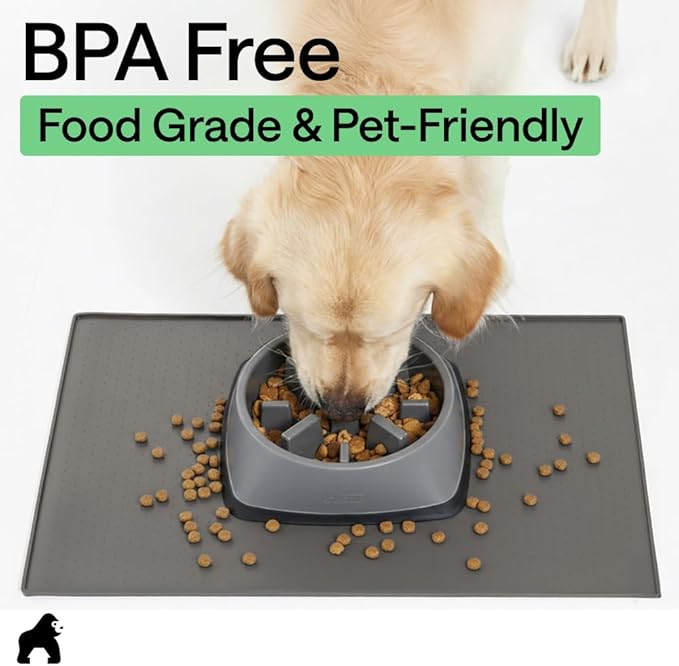 GORILLA GRIP 100% Waterproof Raised Edge BPA Free Silicone Pet Feeding Mat, Dog Cat Food Mats Contain Spills Protects Floors, Placemats for Cats and Dogs Water Bowl, Pets Accessories 23x15 Gray