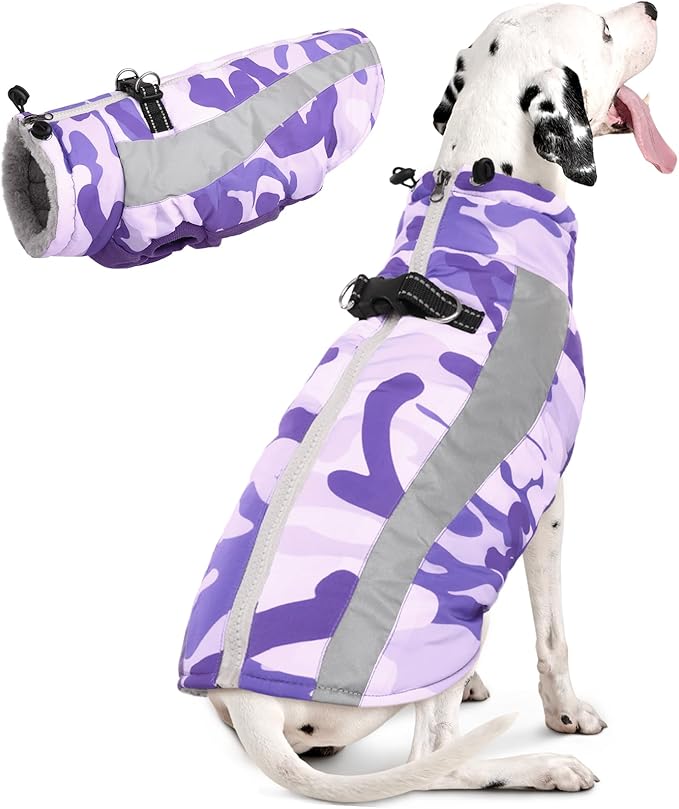 FUAMEY Dog Winter Jackets for Large Dogs,Dog Coat with Harness Built in,Waterproof Dogs Snowsuits Warm Pet Jacket Zip Up Fleece Cold Weather Coats Reflective Puppy Vest with Pocket Blue 3XL