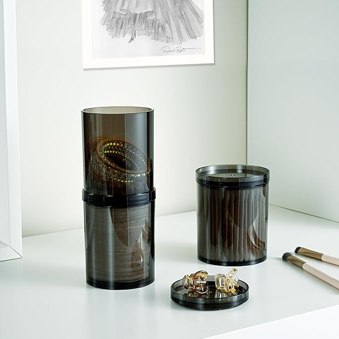 SheeChung 6-Pack Black Stackable Apothecary Jars - (10oz & 12oz) Mixed Sizes Qtip Holder - Modern Industrial Bathroom Accessories Decor with Storage Lids - Translucent Black
