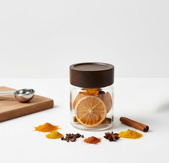 Wide Mouth Glass Storage Jars With 2.5" Acacia Wood Lids - 4 Pack of 6 Oz Food Storage Containers - Borosilicate Glass Canisters Sets For Kitchen - Pantry Organizers and Storage for Rice Coffee Beans