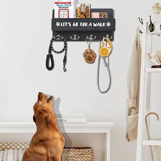 Wood Dog Leash Holder for Wall, Key Hangers with 4 Double Key Hooks, Dog Leash Hanger Wall Mounted for Entryway, Farmhouse Treats,30cm, Black