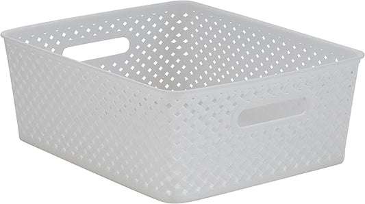 Simplify Medium Resin Wicker Tote | Storage Bin | Plastic Organizer | Carrying Handles | Bathroom | Pantry | Accessories | Cleaning Products | White